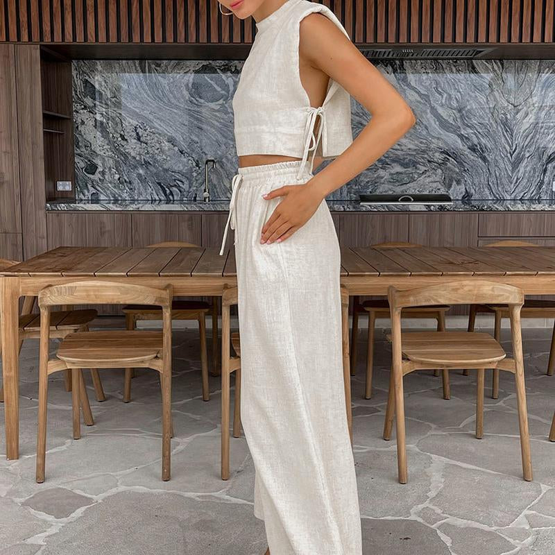 Summer Padded Shoulder Sleeveless Top Trousers Two Piece Set Casual Cotton Linen Suit Women Clothing